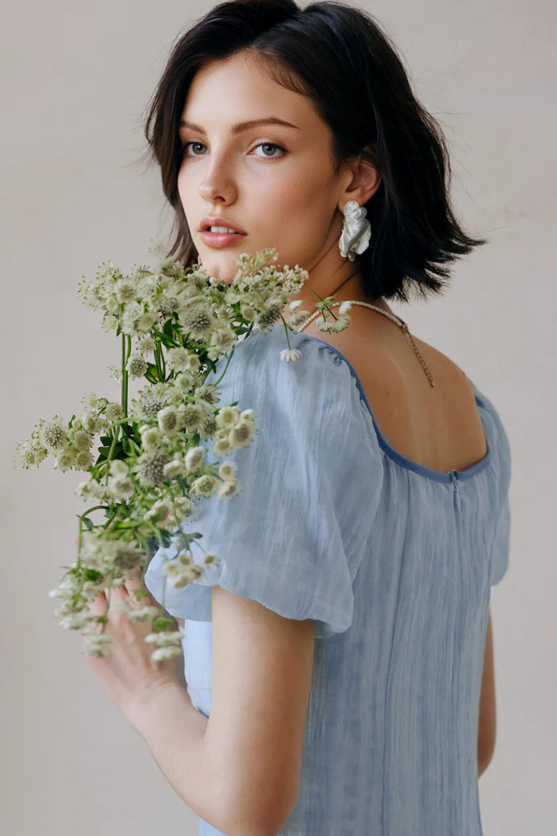 Baby Blue Lyocell V-Neck Puff-Sleeve Midi Dress