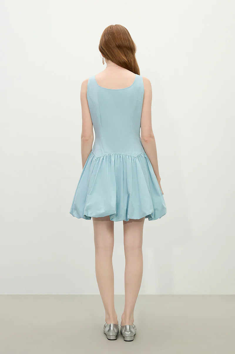 Baby Blue 100 Cotton Sleeveless Scoop-Neck Bubble Mini Dress