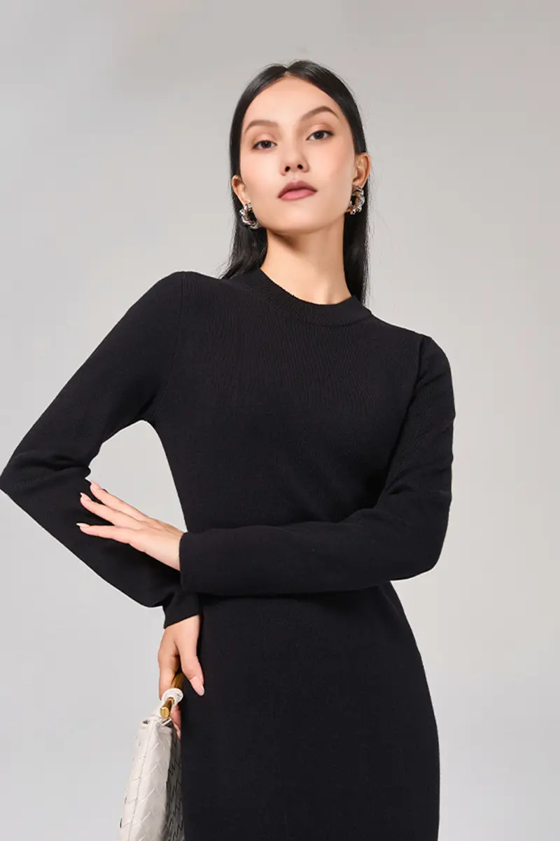 Slim Fit Long Sleeve Knit Wool Maxi Dress