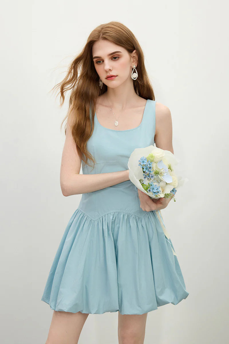Baby Blue 100 Cotton Sleeveless Scoop-Neck Bubble Mini Dress