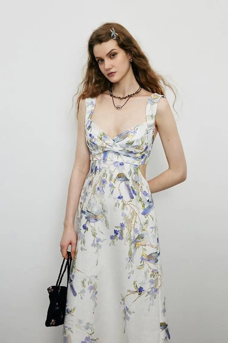 Backless Floral Linen Dress