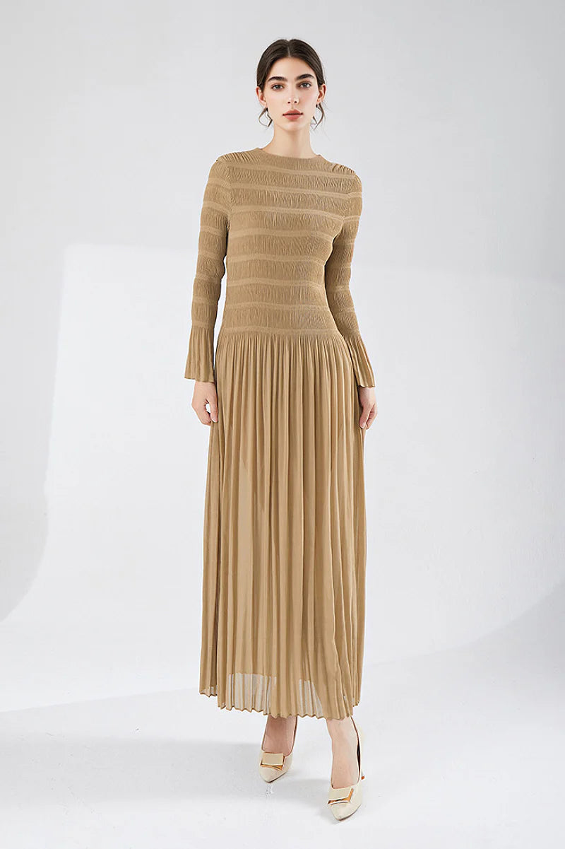 Designer Inspired Pleated Long Sleeve Smocked Maxi Dress