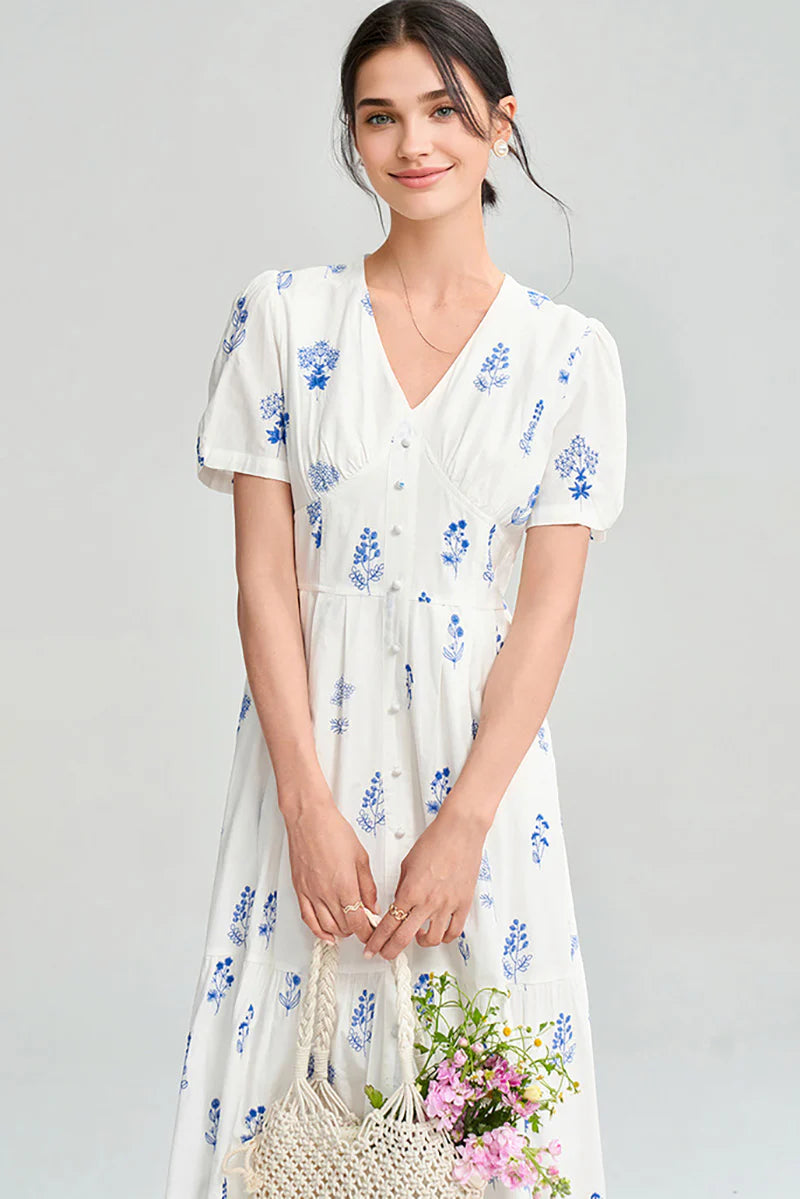 100 Cotton Floral Empire Waist A-Line Midi Sundress
