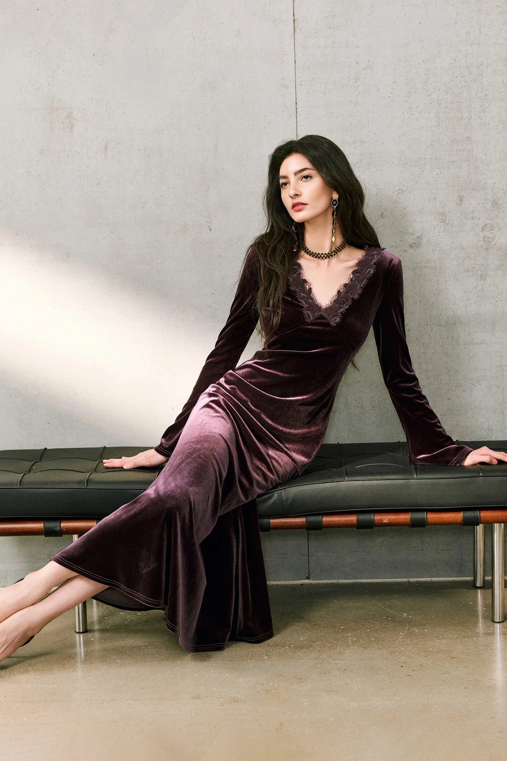 Purple Velvet Long Sleeve Lace V-Neck Maxi Dress