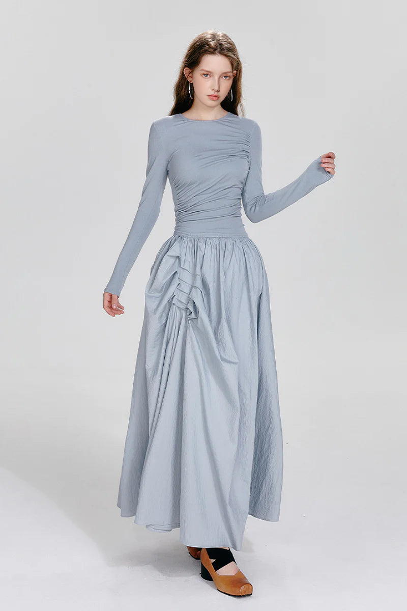 Blue Long-Sleeve Ruched Fit & Flare Maxi Dress