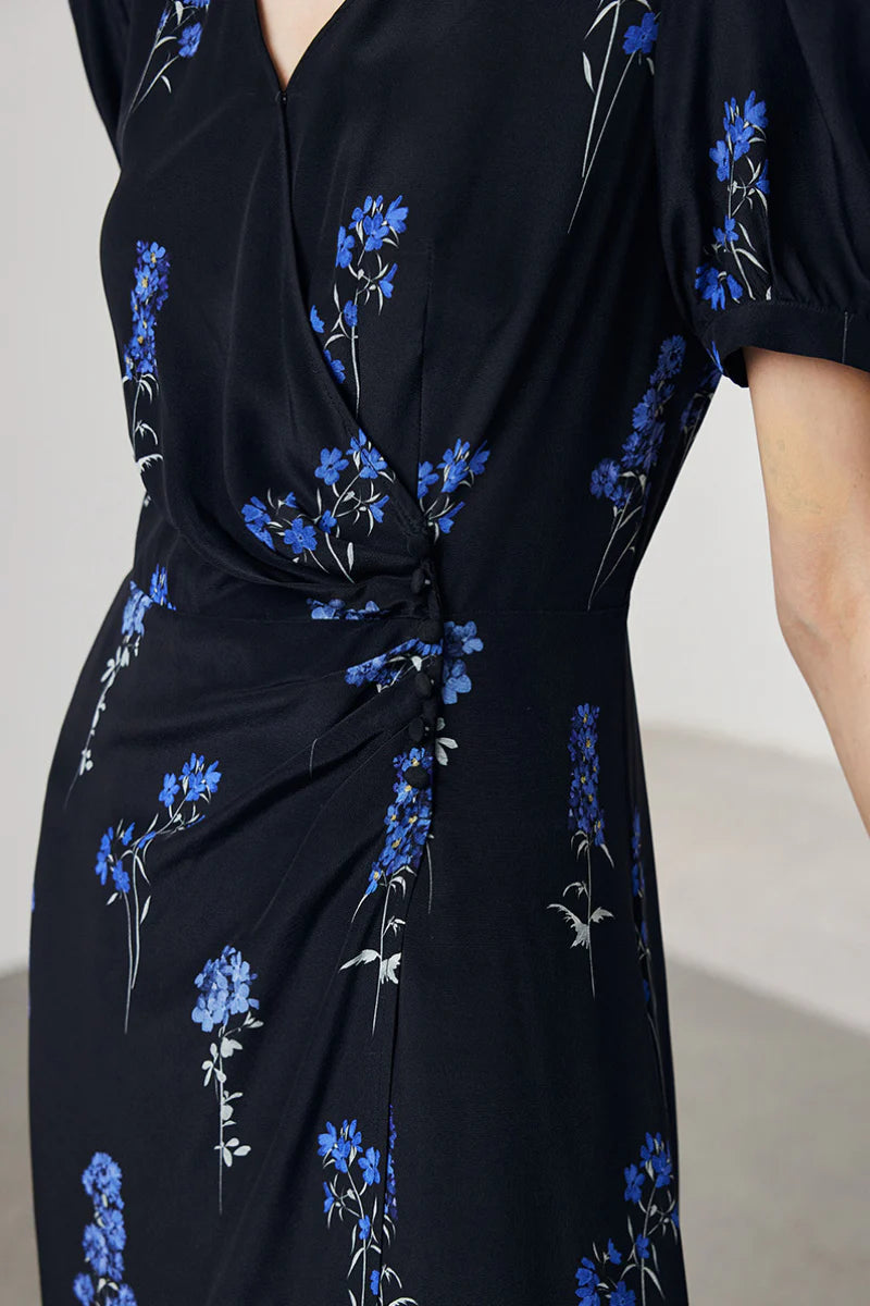 100 Mulberry Silk Floral Puff-Sleeve V-Neck Wrap Midi Dress