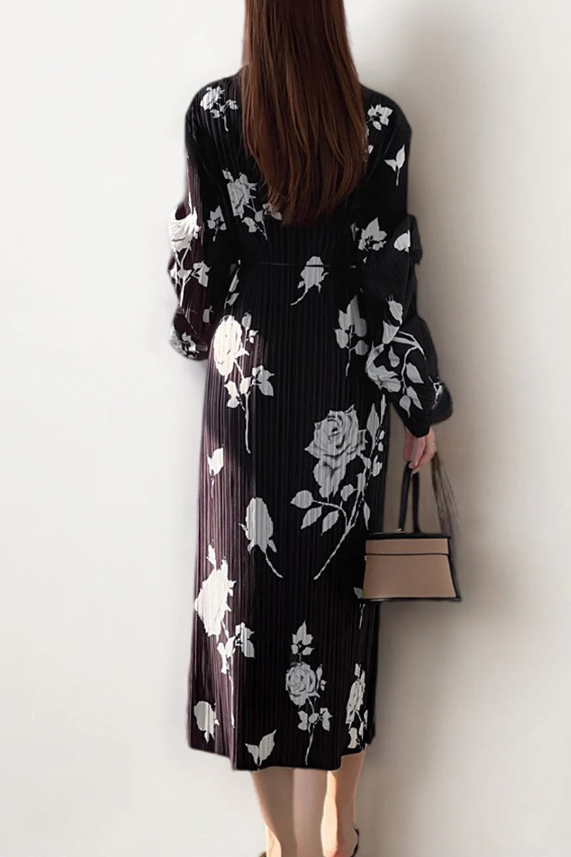 Designer Inspired Pleated Floral Long-Sleeve Midi Dress