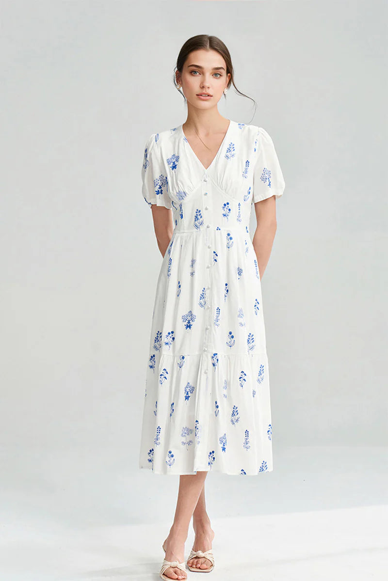 100 Cotton Floral Empire Waist A-Line Midi Sundress