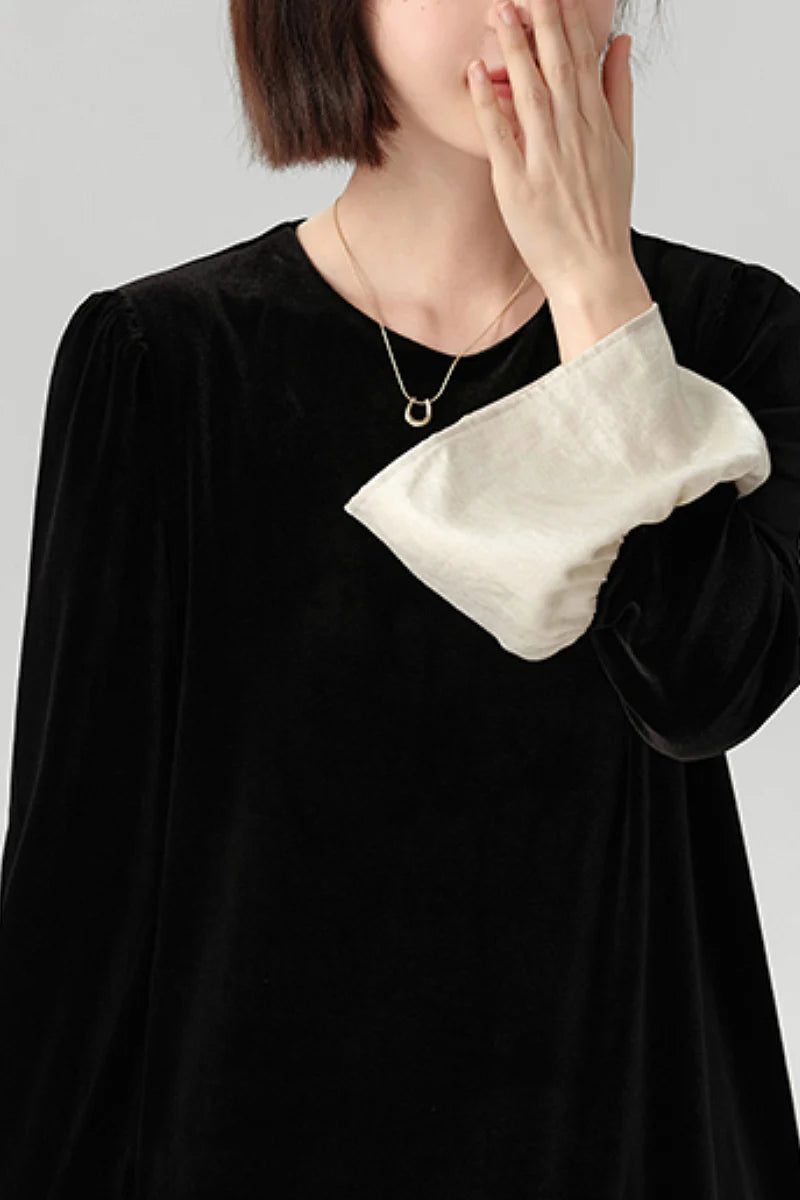 Asymmetric Patchwork Long-Sleeve Velvet Dress