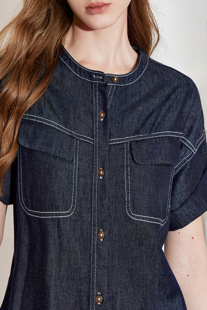 Denim Short-Sleeve Button-Up Belted Midi Shirt Dress with Back Slit
