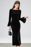 Black Velvet Long Sleeve Crewneck Maxi Dress