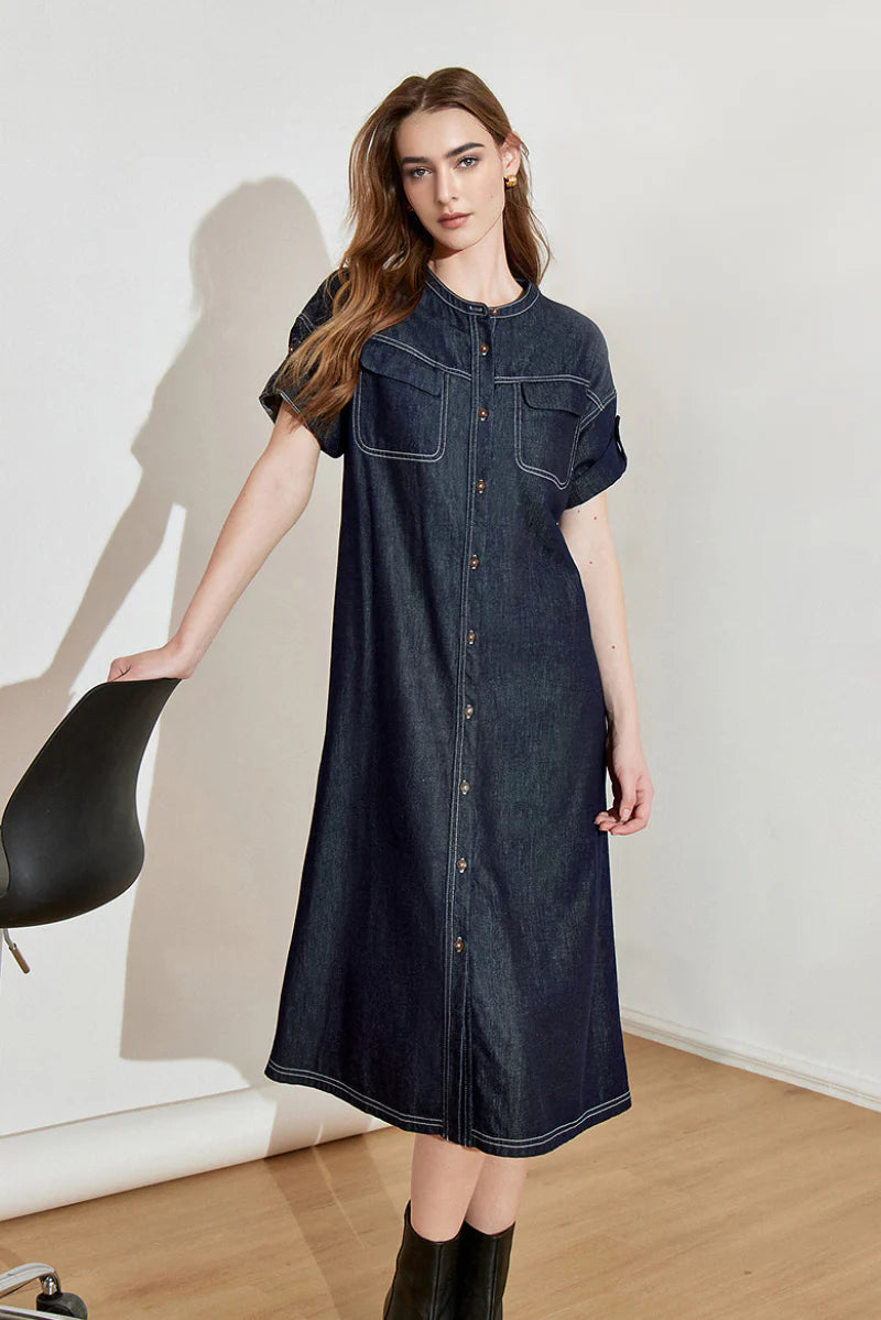 Denim Short-Sleeve Button-Up Belted Midi Shirt Dress with Back Slit