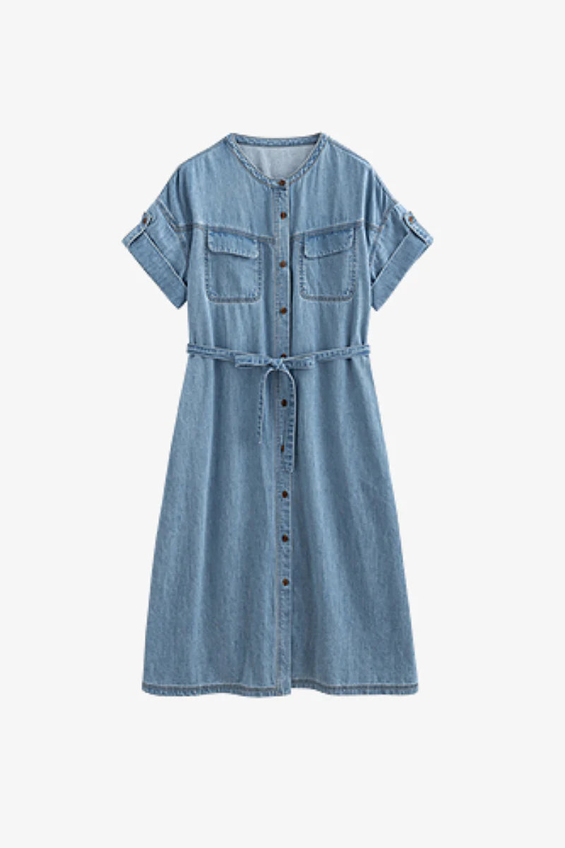 Denim Short-Sleeve Button-Up Belted Midi Shirt Dress with Back Slit