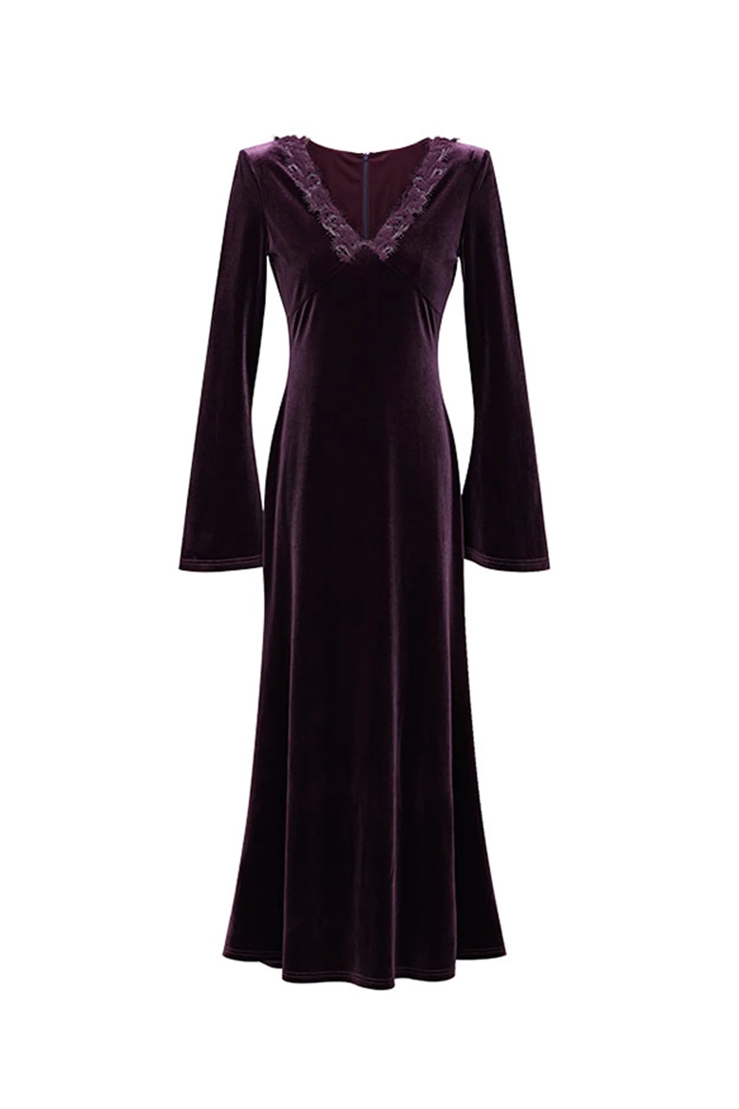 Purple Velvet Long Sleeve Lace V-Neck Maxi Dress