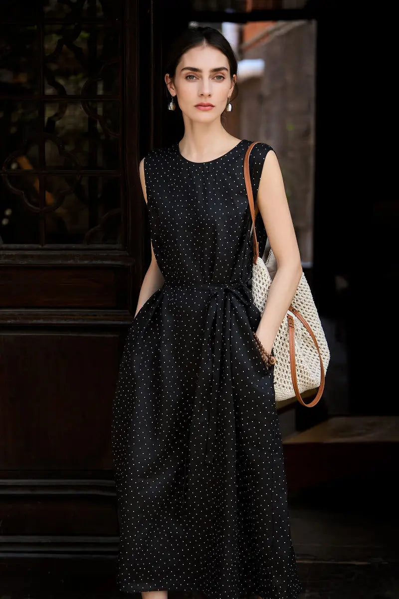 100 Linen Polka Dot Sleeveless Midi Dress with Pockets