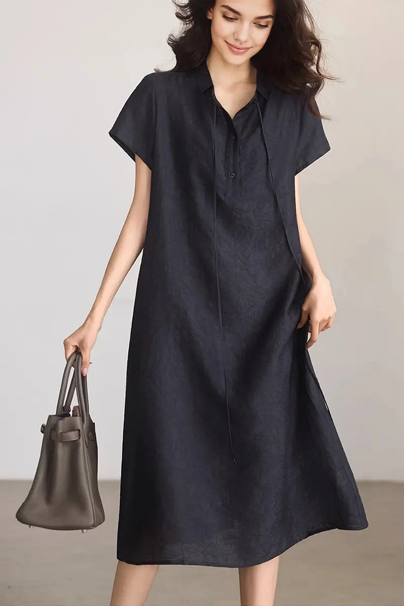 Linen-Blend Jacquard A-Line Shirt Dress in Navy Blue