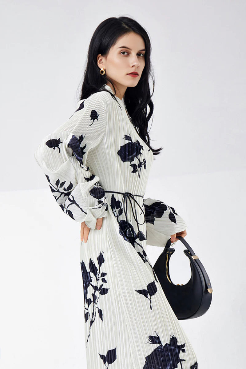 Designer Inspired Pleated Floral Long-Sleeve Midi Dress