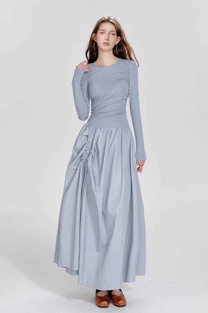 Blue Long-Sleeve Ruched Fit & Flare Maxi Dress