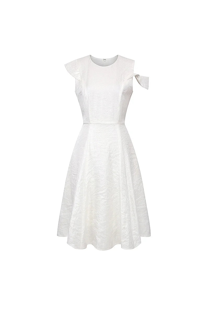 White Asymmetrical Sleeve Midi Graduation Dress