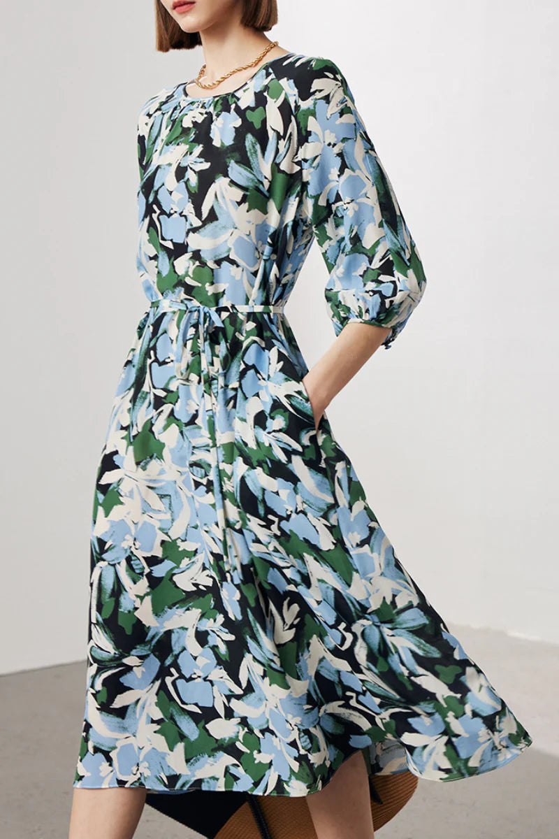 100 Mulberry Silk Floral Balloon-Sleeve Tie-Waist Midi Dress with Pockets