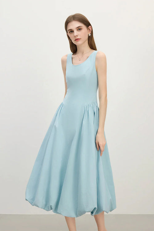 Baby Blue 100 Cotton Sleeveless Scoop-Neck Bubble Midi Dress