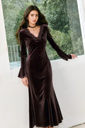 Purple Velvet Long Sleeve Lace V-Neck Maxi Dress