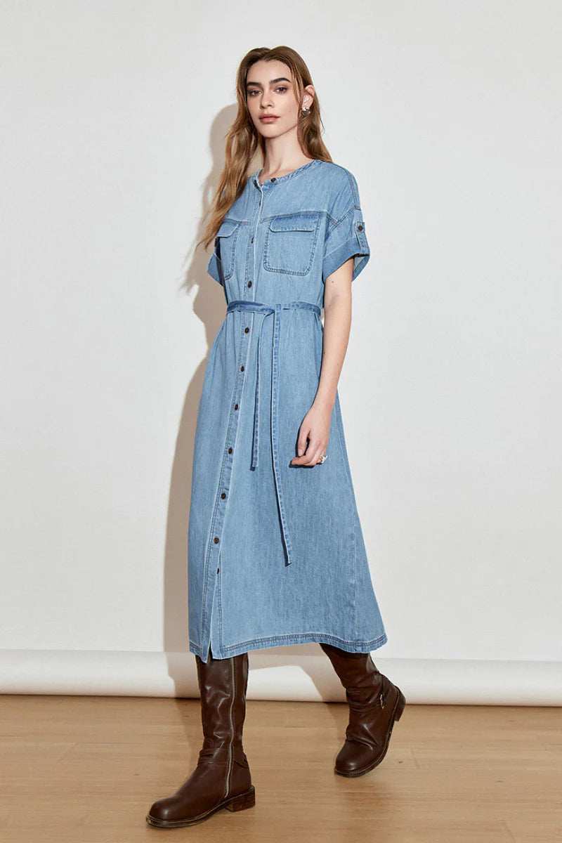 Denim Short-Sleeve Button-Up Belted Midi Shirt Dress with Back Slit