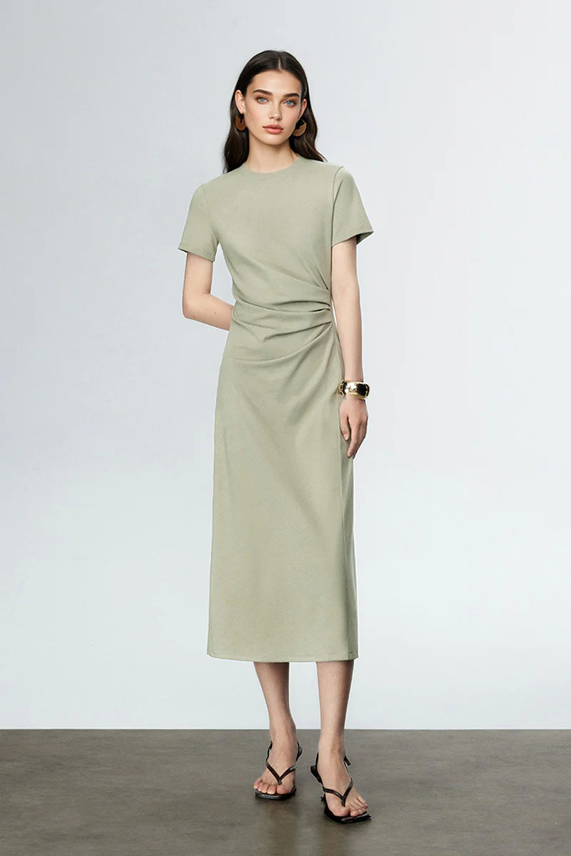 Sage Green Ruched-Waist T-Shirt Midi Dress
