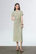 Sage Green Ruched-Waist T-Shirt Midi Dress