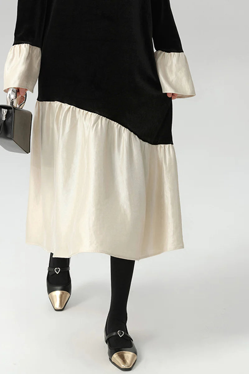 Asymmetric Patchwork Long-Sleeve Velvet Dress