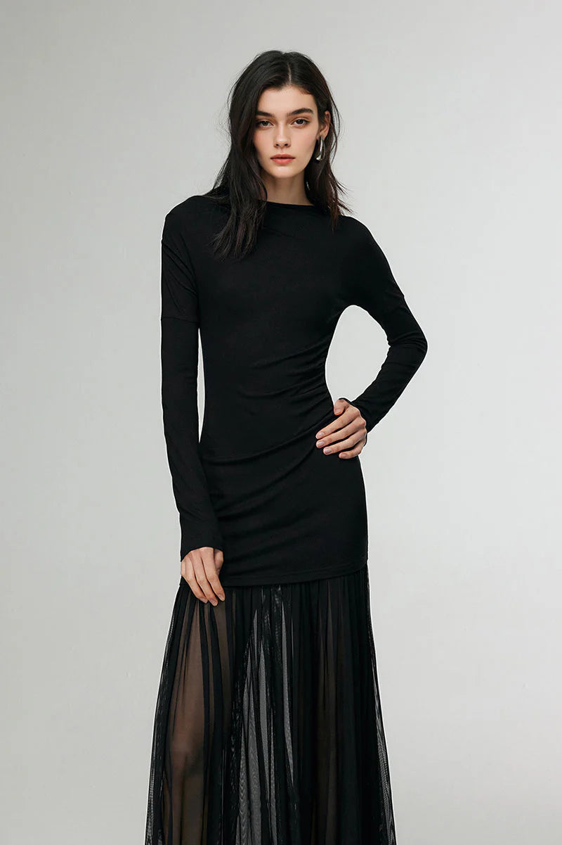 Asymmetric Draped Mesh Maxi Dress with Sleeves