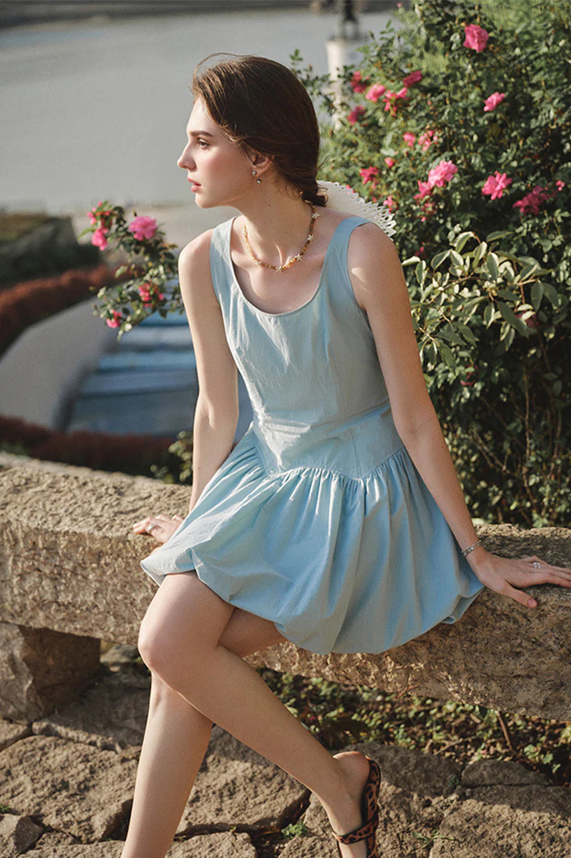Baby Blue 100 Cotton Sleeveless Scoop-Neck Bubble Mini Dress