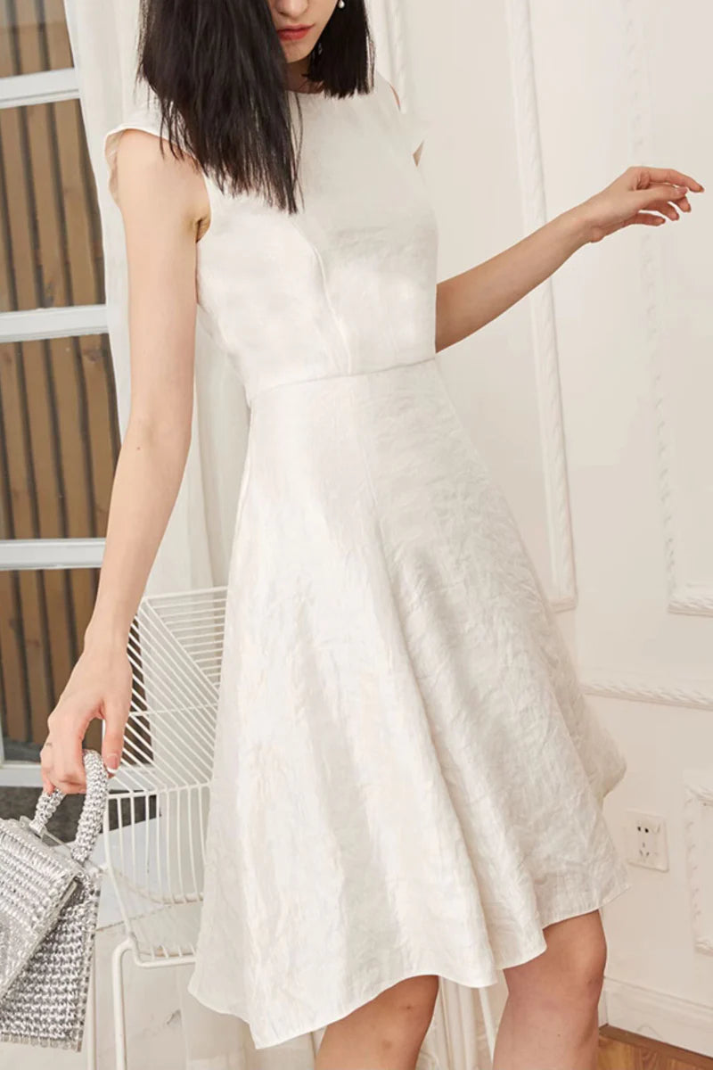 White Asymmetrical Sleeve Midi Graduation Dress
