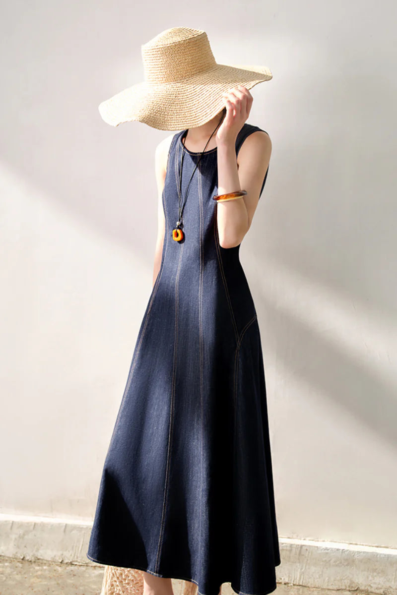 Denim Sleeveless A-Line Midi Dress