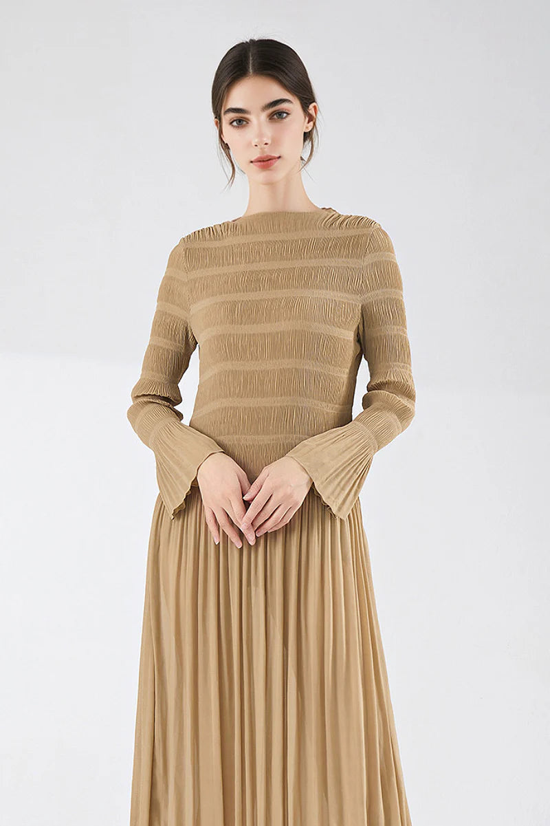 Designer Inspired Pleated Long Sleeve Smocked Maxi Dress