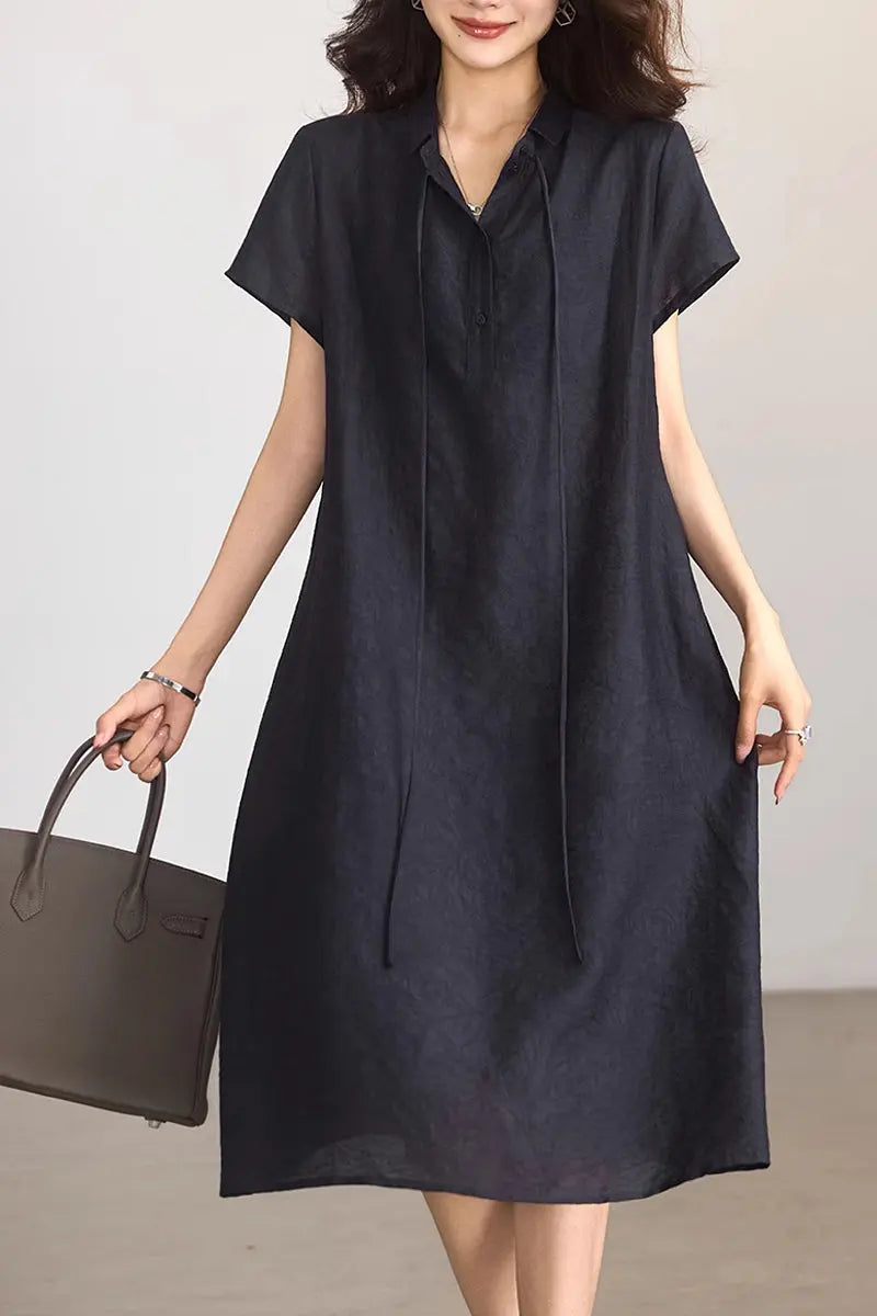Linen-Blend Jacquard A-Line Shirt Dress in Navy Blue