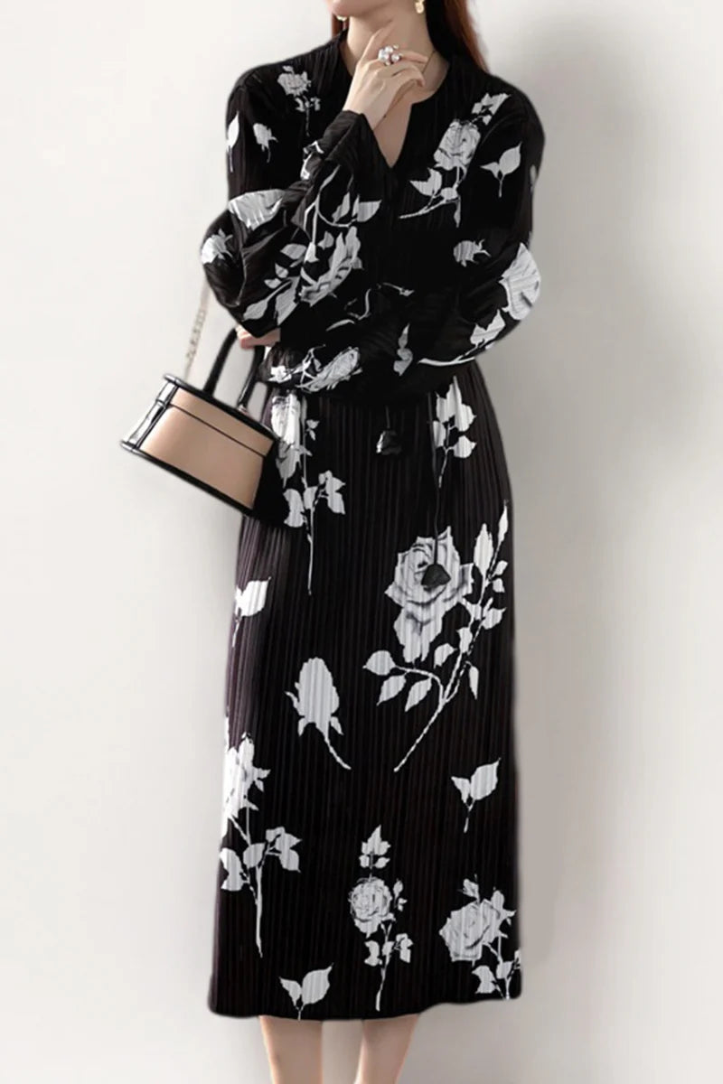 Designer Inspired Pleated Floral Long-Sleeve Midi Dress