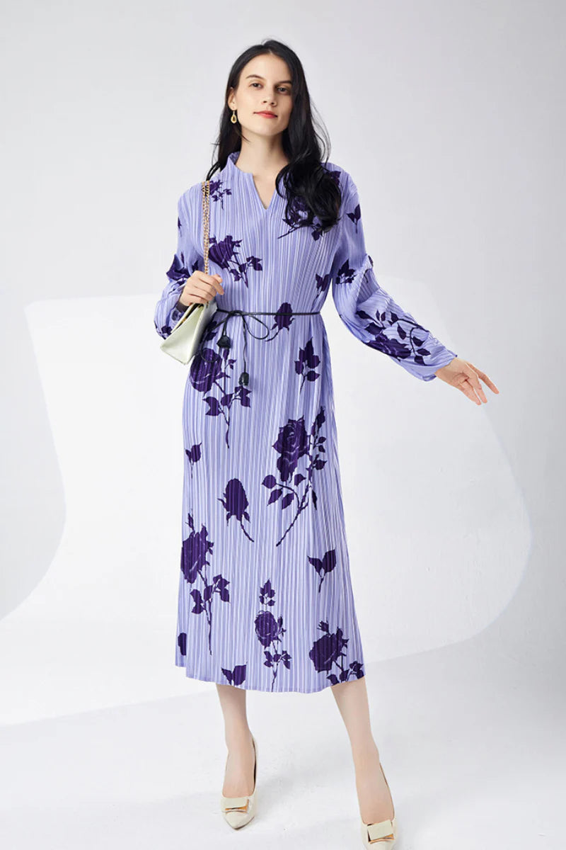 Designer Inspired Pleated Floral Long-Sleeve Midi Dress