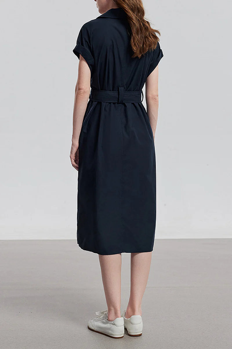 Navy Blue Belted Shirt Dress in Cotton-Lyocell Blend