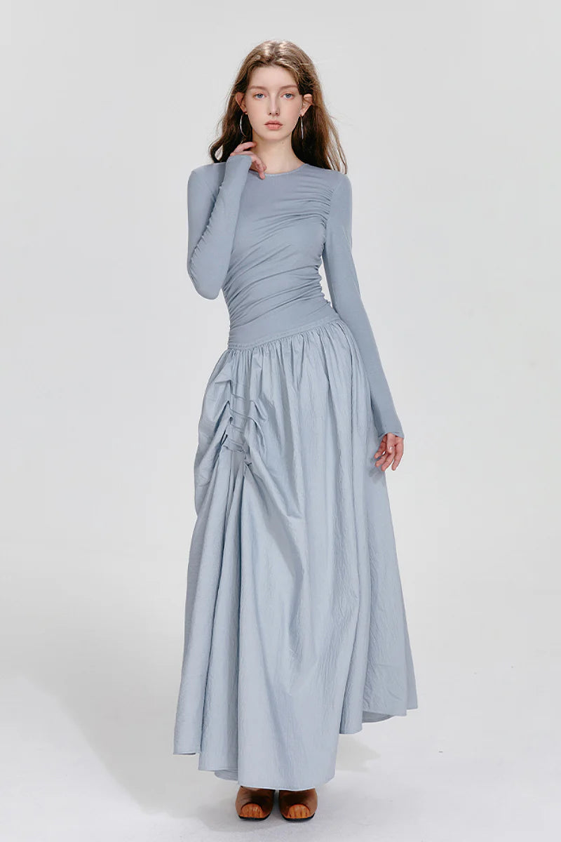 Blue Long-Sleeve Ruched Fit & Flare Maxi Dress