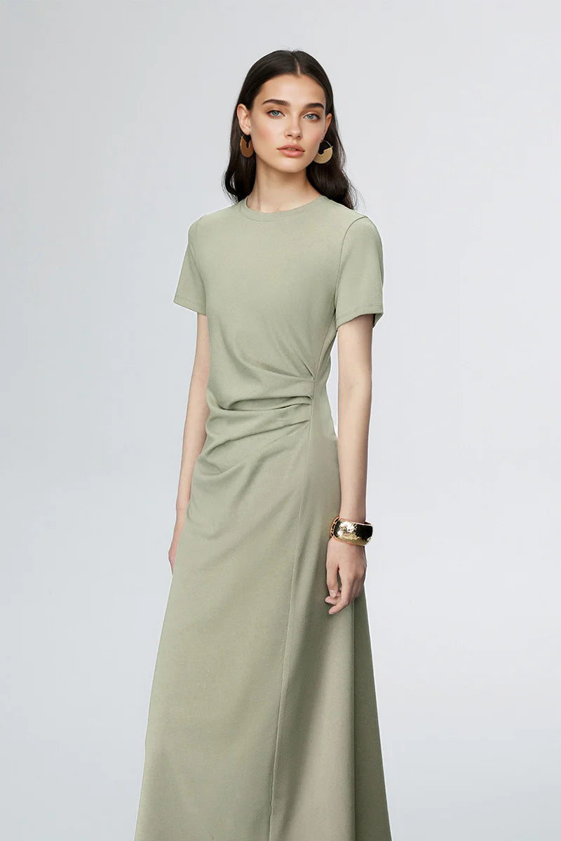 Sage Green Ruched-Waist T-Shirt Midi Dress