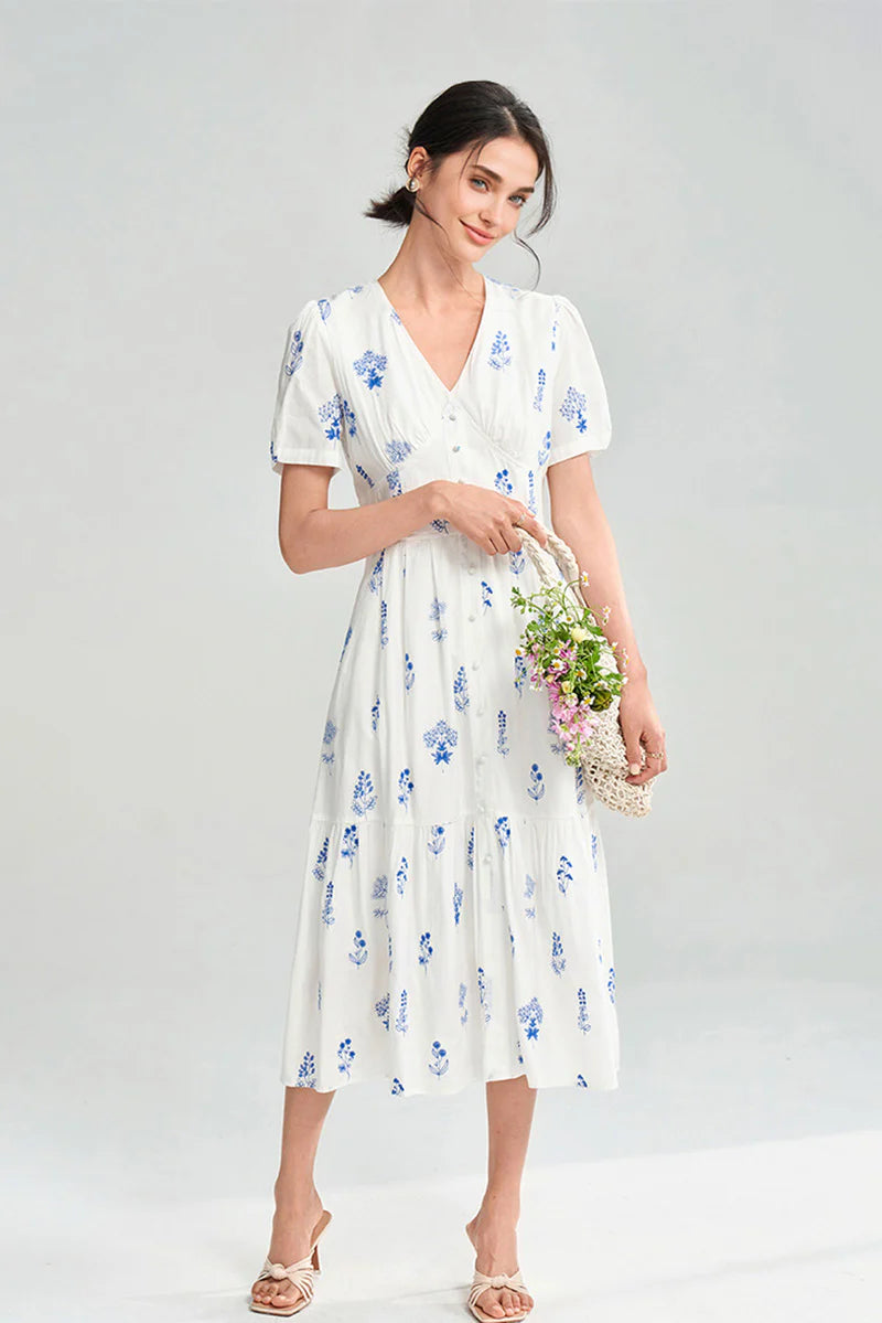 100 Cotton Floral Empire Waist A-Line Midi Sundress