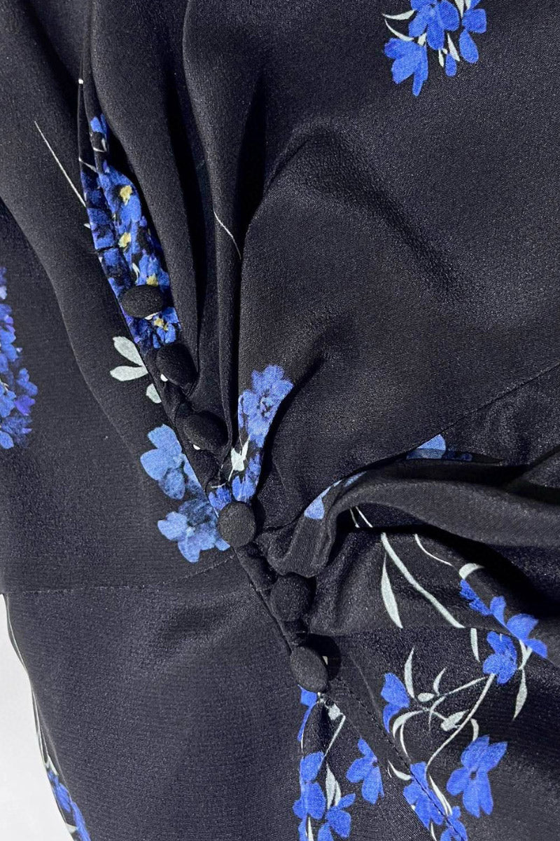 100 Mulberry Silk Floral Puff-Sleeve V-Neck Wrap Midi Dress