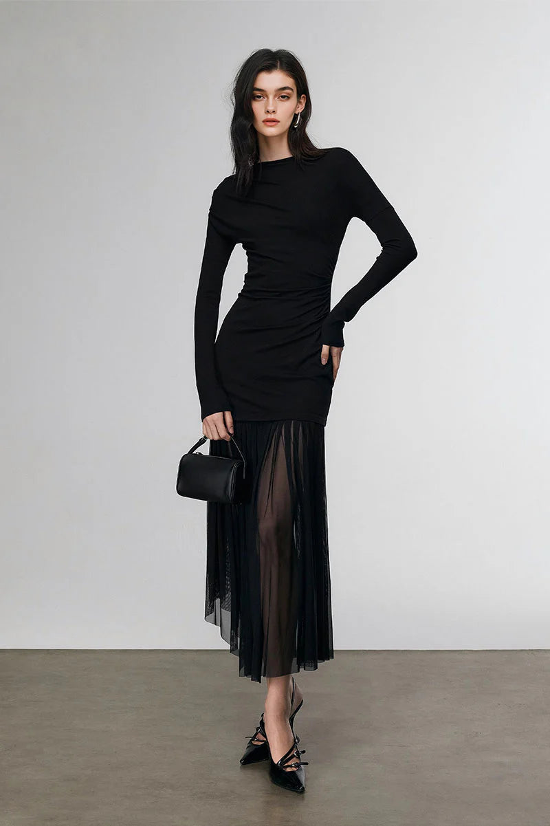 Asymmetric Draped Mesh Maxi Dress with Sleeves
