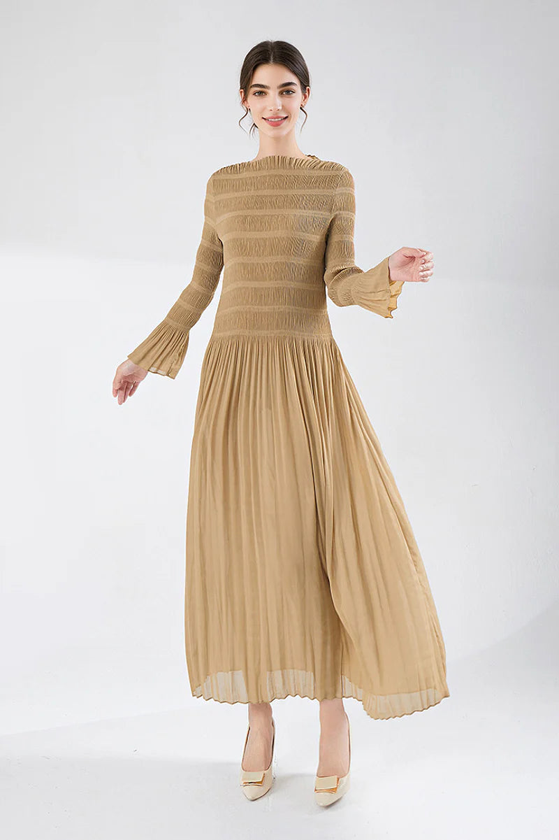 Designer Inspired Pleated Long Sleeve Smocked Maxi Dress