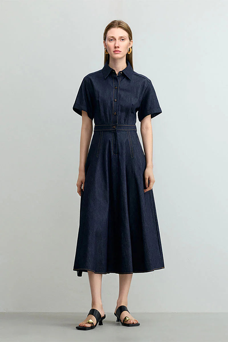 Tencel Denim Short-Sleeve Button-Up Midi Shirt Dress