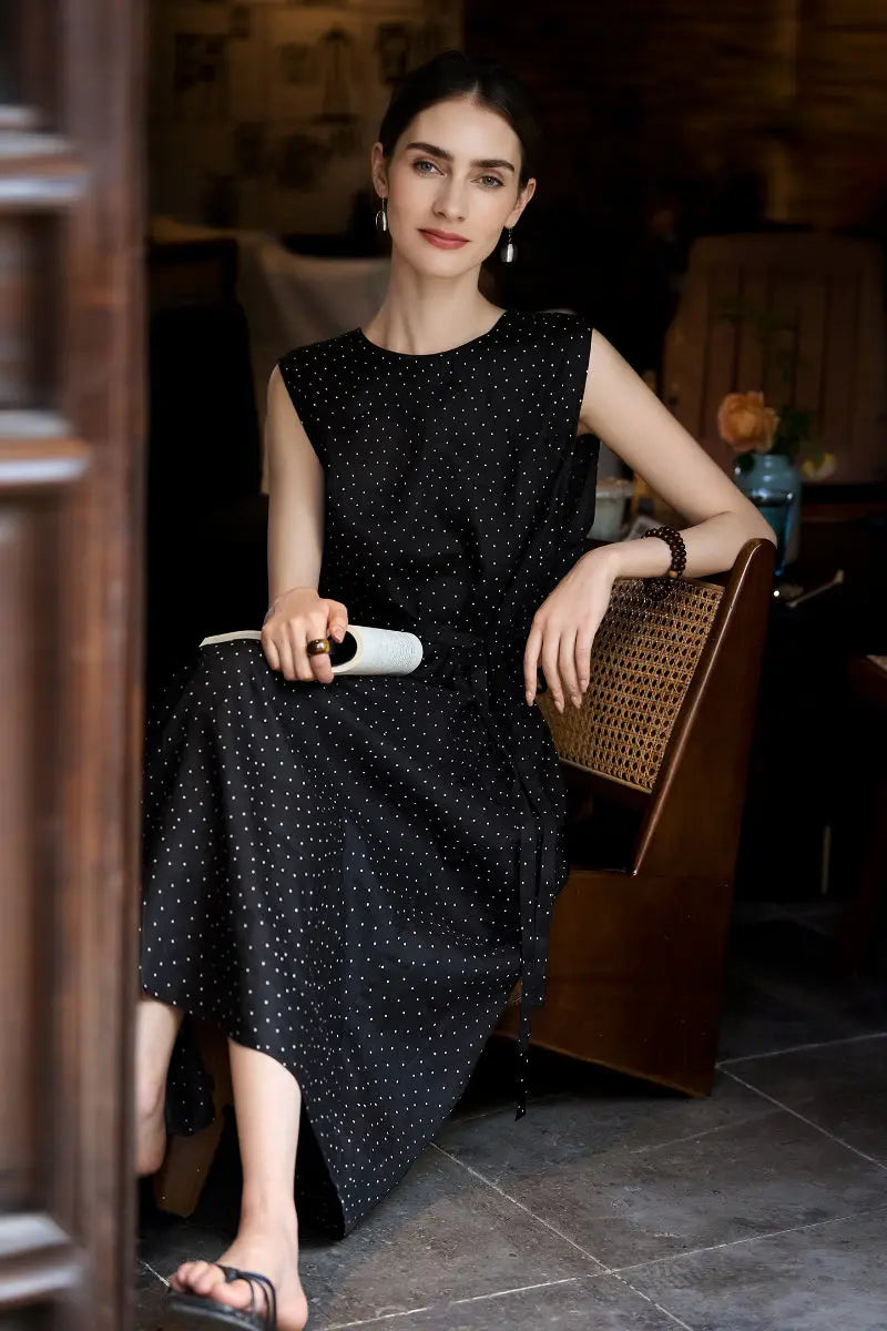 100 Linen Polka Dot Sleeveless Midi Dress with Pockets