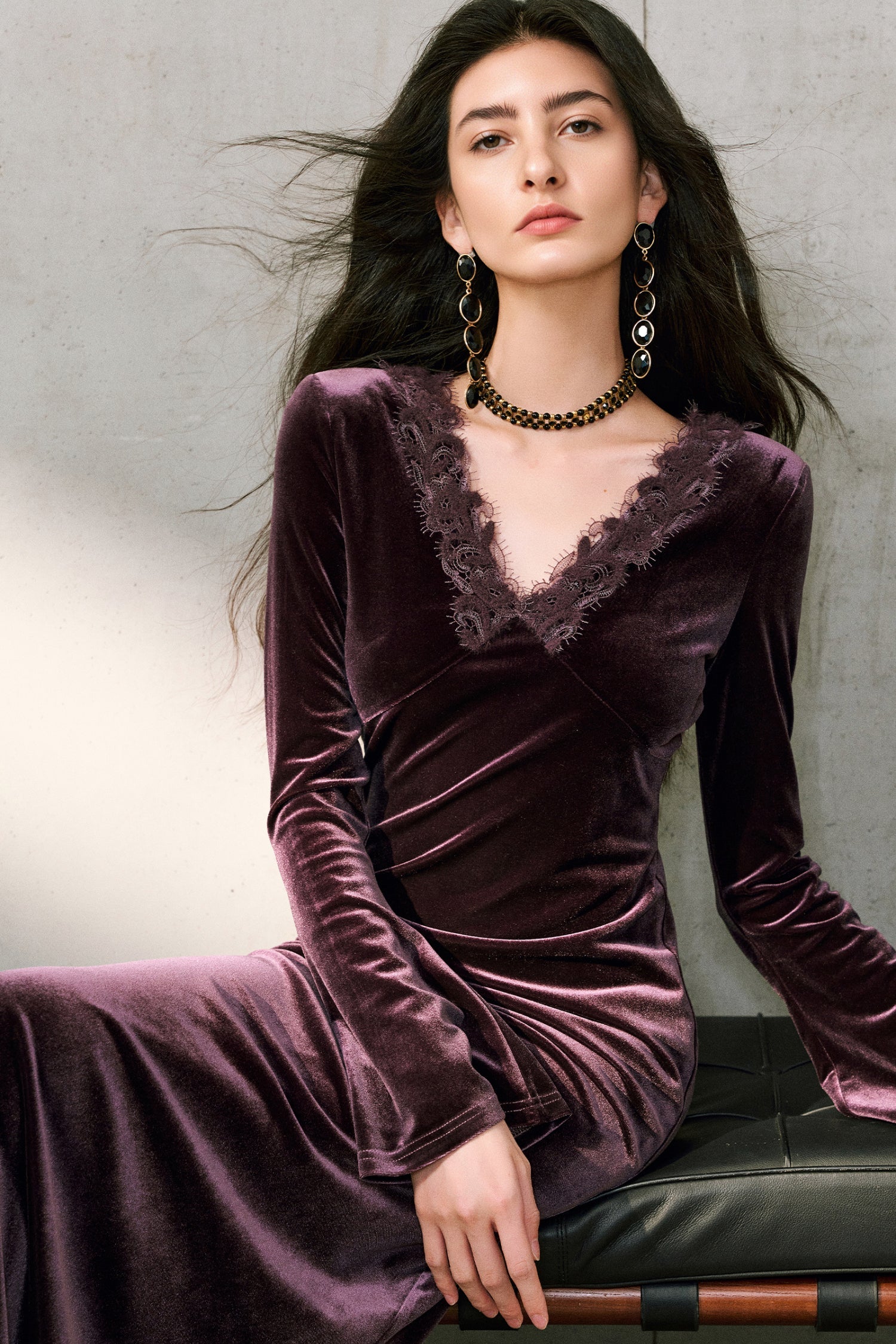 Purple Velvet Long Sleeve Lace V-Neck Maxi Dress