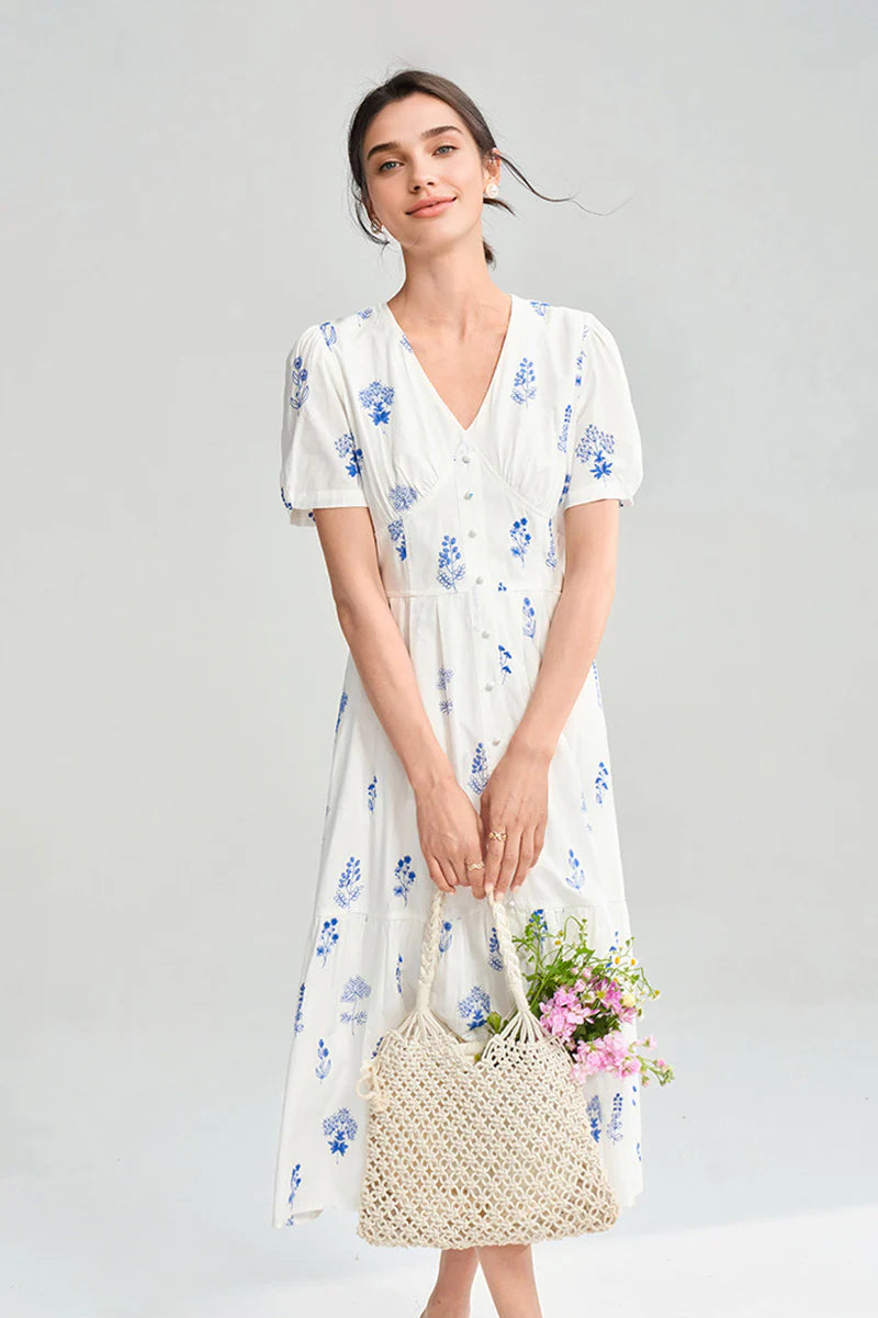 100 Cotton Floral Empire Waist A-Line Midi Sundress