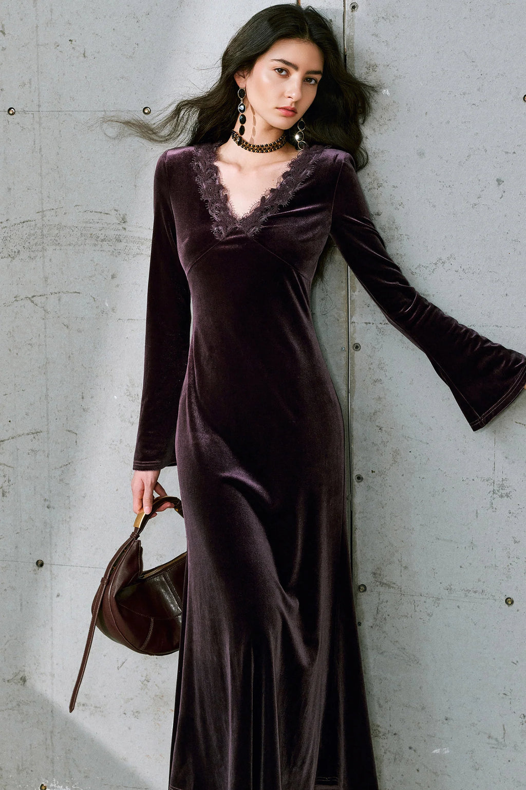 Purple Velvet Long Sleeve Lace V-Neck Maxi Dress